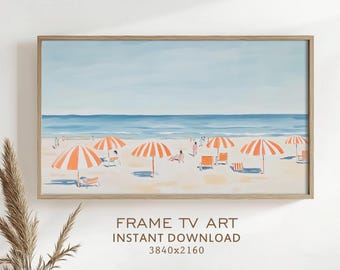 Summer Frame TV Art Beach Coastal Umbrellas Seashore Painting Nautical Ocean Decor Sea Modern Screensaver Digital Download