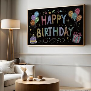 May include: A framed black chalkboard with the words "HAPPY BIRTHDAY" in colorful chalk lettering. The image includes balloons, a cake with candles, and a wrapped gift, all in a celebratory style.