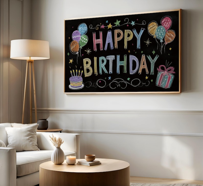 May include: A framed black chalkboard with the words "HAPPY BIRTHDAY" in colorful chalk lettering. The image includes balloons, a cake with candles, and a wrapped gift, all in a celebratory style.