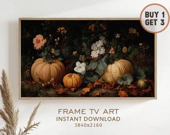 Halloween Samsung Frame TV Art Vintage Pumpkins Flower Painting Botanical Fall Dark Art TV Screensaver Instant Download Autumn Thanksgiving