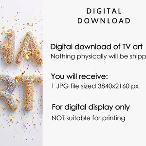 May include: A digital download graphic with the word "HAPPY" and "ART" spelled out in a textured, colorful font, with confetti. The text "DIGITAL DOWNLOAD" is at the top, with details about the digital file.