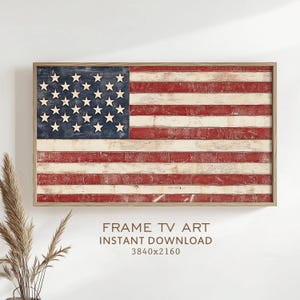 May include: Wooden framed American flag art with a distressed, vintage look. The flag features red and white stripes and a blue canton with wooden stars. The text "FRAME TV ART INSTANT DOWNLOAD 3840x2160" is displayed below the artwork.