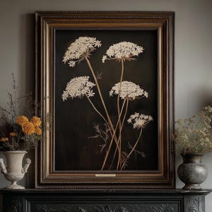 Wild Flower Wall Art Print Dark Moody Rustic Queen Annes Lace Vintage Style Digital PRINTABLE Art Botanical Floral Decor Downloadable Print