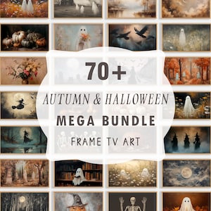 May include: A collection of framed art prints with an autumn and Halloween theme. The art features ghosts, pumpkins, witches, and other spooky imagery. The text in the center reads "70+ Autumn & Halloween Mega Bundle Frame TV Art."