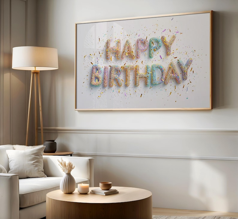 May include: A framed print with the words "HAPPY BIRTHDAY" in colorful, textured letters. The letters are in a 3D style, with confetti scattered around them. The frame is gold-colored, and the background is white.