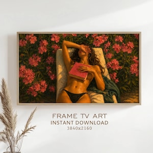 May include: A digital painting of a person with long dark hair reclining on a lounge chair, holding a pink book over their chest. The person wears black bikini bottoms. The background features a dense wall of vibrant pink flowers and green leaves.