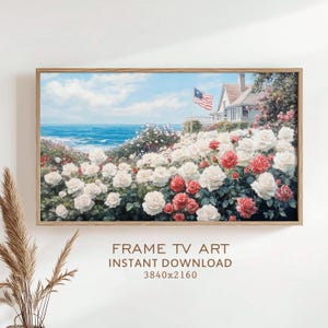 4th of July Frame TV Art Coastal Garden Roses Summer Painting Floral Decor American Flag Screensaver USA Country Farmhouse Digital Download