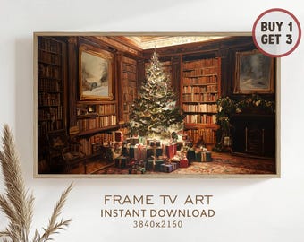 May include: A framed digital art print depicts a Christmas tree in a library setting, surrounded by wrapped gifts. The room features bookshelves, paintings, and a fireplace. Text at the bottom reads "FRAME TV ART INSTANT DOWNLOAD 3840x2160".