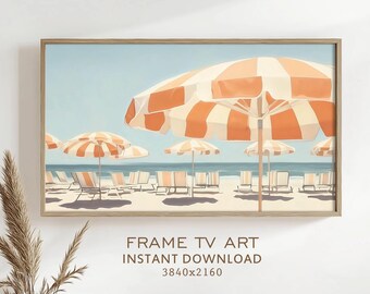 Coastal Beach Frame TV Art Summer Umbrellas Seashore Painting Nautical Ocean Decor Sea Modern Screensaver Digital Download