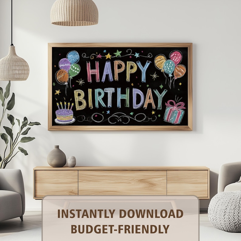 May include: A framed chalkboard sign with the words "HAPPY BIRTHDAY" in colorful chalk lettering. The sign features balloons, stars, a cake, and a wrapped gift. The sign is displayed in a living room setting.