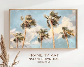 Tropical Palms Frame TV Art Summer Sky Beach Oil Painting Clouds Nautical Decor Coastal Sea Screensaver Digital Download