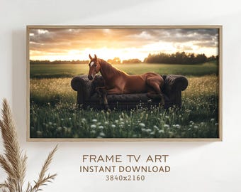 Frame TV Art Horse Lounging On Sofa Field Sunset Landscape Screensaver Farmhouse Decor Elegant Horse On Couch Western Style Instant Download
