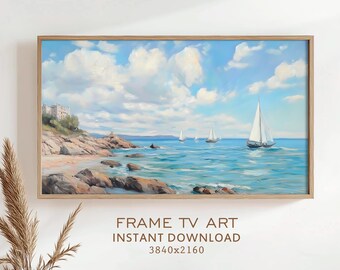 Summer Frame TV Art Beach Sailboat Oil Painting Nautical Decor Ocean Seascape Coastal Landscape Sea Screensaver Digital Download