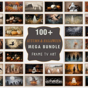 May include: A collection of framed art prints with an autumn and Halloween theme. The images feature ghosts, pumpkins, witches, and other spooky elements. The text on the image reads "100+ Autumn & Halloween Mega Bundle Frame TV Art."
