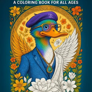 May include: A coloring book cover with the text "GET QUAKKED" and "A COLORING BOOK FOR ALL AGES". The illustration features a duck wearing a beret, glasses, and a suit. The text "SAVING DUCKS WITH CREATIVITY" is also present.