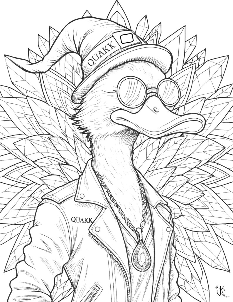 May include: Black and white illustration of a duck wearing a hat, sunglasses, and a leather jacket. The hat and jacket have the word "QUAKK" printed on them. The duck is wearing a chain necklace with a pendant.