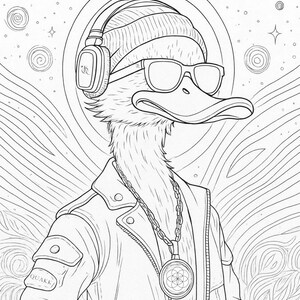 May include: Line art illustration of a duck wearing sunglasses, a beanie, and headphones. The duck is also wearing a leather jacket and a chain necklace with a pendant. The word "QUAKK" is on the jacket.