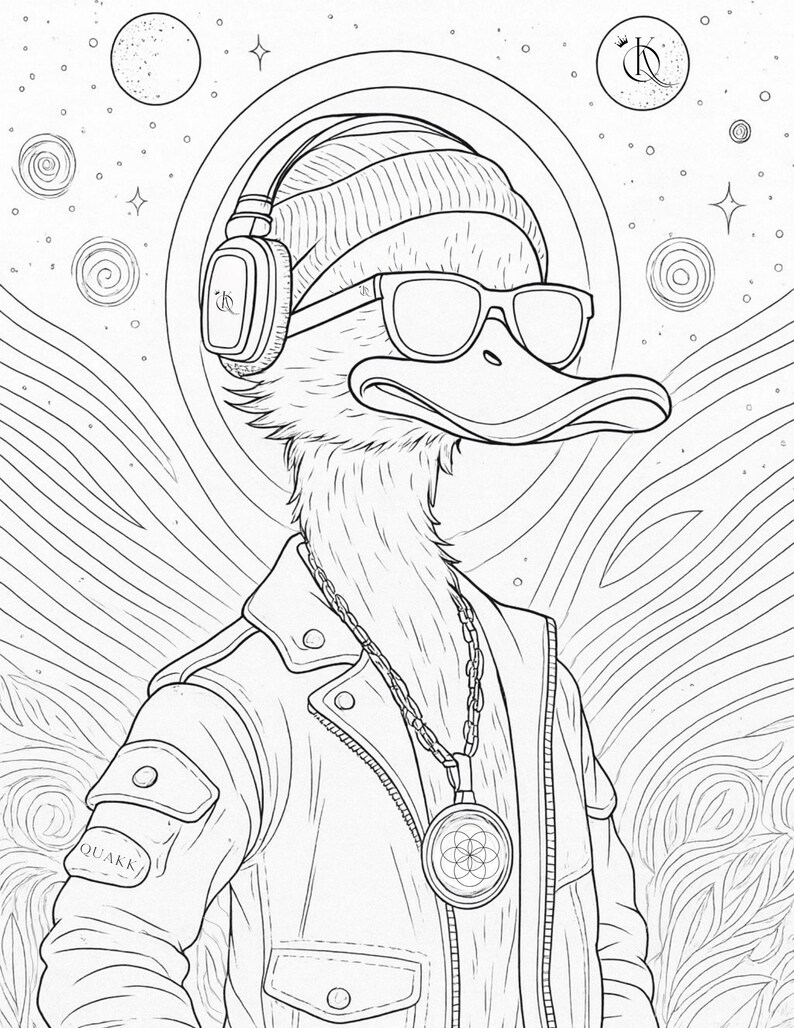 May include: Line art illustration of a duck wearing sunglasses, a beanie, and headphones. The duck is also wearing a leather jacket and a chain necklace with a pendant. The word "QUAKK" is on the jacket.