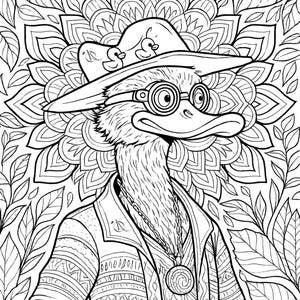 May include: Black and white line art illustration of a duck wearing a hat, round glasses, and a patterned jacket. The duck has a long necklace with a pendant. The background features a floral mandala design and leaves.