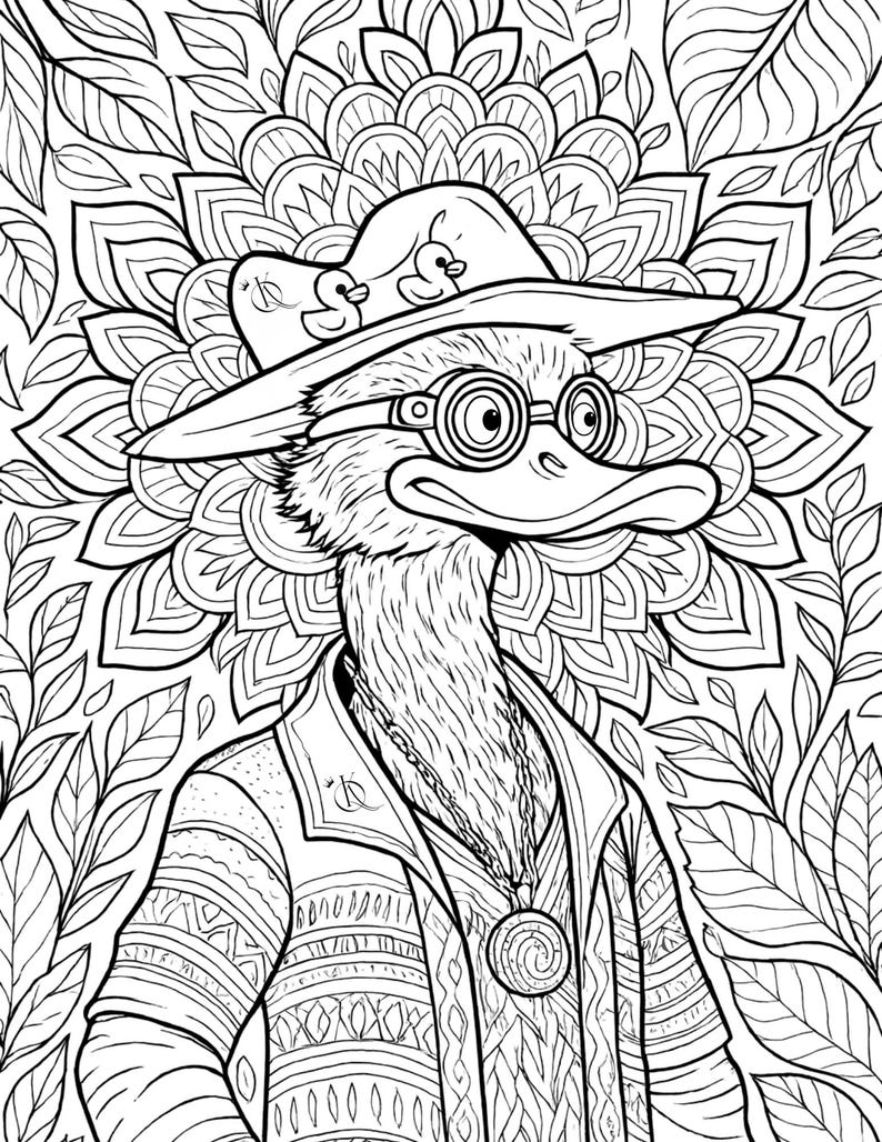 May include: Black and white line art illustration of a duck wearing a hat, round glasses, and a patterned jacket. The duck has a long necklace with a pendant. The background features a floral mandala design and leaves.