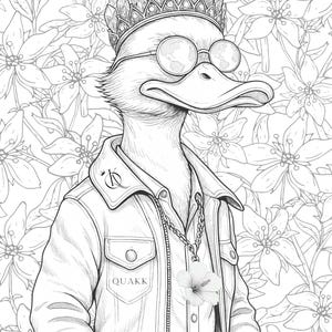 May include: Black and white illustration of a duck wearing a crown, round glasses, and a jacket with the word "QUAKK". The duck has a flower pendant and is set against a floral background.