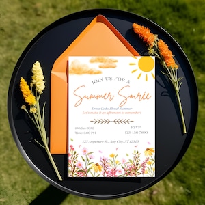 Invitación a una velada de verano brillante: elegante plantilla editable en Canva para fiestas en el jardín, descarga digital para eventos y celebraciones.