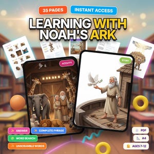 Puede incluir: Producto educativo digital "Aprendiendo con el Arca de Noé" con ilustraciones de animales y Noé. Incluye páginas de actividades e historias, con opciones para respuestas, frases completas, búsquedas de palabras y descifrar palabras. Para edades de 7 a 12 años.