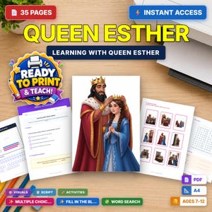 Puede incluir: Un conjunto de actividades educativas imprimibles de 35 páginas titulado Queen Esther, Learning with Queen Esther. Incluye una ilustración central de un rey colocando una corona a una reina, preguntas de opción múltiple, ejercicios y sopas de letras.