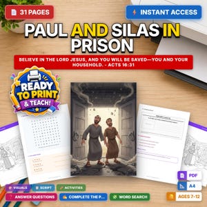 Puede incluir: Un conjunto educativo imprimible de 31 páginas titulado Paul and Silas in Prison, que incluye el versículo bíblico Hechos 16:31. Contiene una ilustración central de dos hombres en una prisión, sopas de letras, preguntas y hojas de actividades.