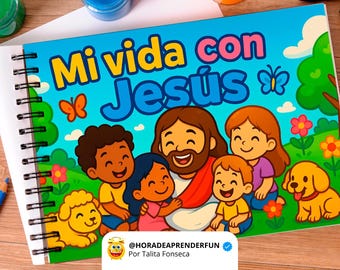 Könnte beinhalten: Ein Spiralbuch für Kinder mit dem Titel "Mi vida con Jesús" (Mein Leben mit Jesus). Das Cover zeigt Jesus mit Kindern und Tieren in einer farbenfrohen Illustration. Kunstzubehör wie Bleistifte und Farbe umgeben das Buch.
