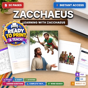Puede incluir: Un set educativo imprimible de 30 páginas titulado ZACCHAEUS LEARNING WITH ZACCHAEUS con ilustraciones de Zaqueo en un árbol y Jesús. Incluye hojas de actividades, sopas de letras y claves de respuestas para edades 7-12 en formato A4 PDF.