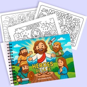Puede incluir: Un cuaderno para colorear con espiral titulado "Héroes de la Fe" con ilustraciones de dibujos animados de figuras bíblicas. La portada presenta a Jesús y otros personajes. Varias páginas para colorear en blanco y negro son visibles.