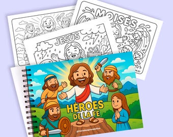 Könnte beinhalten: Ein Spiral-Malbuch mit dem Titel "Helden des Glaubens" mit Cartoon-Illustrationen biblischer Figuren. Das Cover zeigt Jesus und andere Charaktere. Mehrere Schwarz-Weiß-Malvorlagen sind sichtbar.