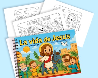 Könnte beinhalten: Ein Spiral-Malbuch mit dem Titel "La vida de Jesús" mit einer Cartoon-Illustration von Jesus auf einem Esel, umgeben von Menschen. Das Buch ist geöffnet und zeigt Malvorlagen. Der Hintergrund ist hellblau.