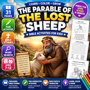 Puede incluir: Un libro de actividades de 31 páginas titulado The Parable of the Lost Sheep, con historias bíblicas y juegos para niños. La portada muestra a un pastor con una oveja, un pergamino con el texto de Lucas 15:10 y ejemplos de páginas con ejercicios.