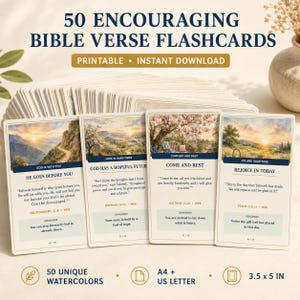 Puede incluir: Un juego de 50 tarjetas didácticas con versículos bíblicos alentadores e ilustraciones de paisajes en acuarela. Cada tarjeta muestra un versículo, un título temático y una breve reflexión. Las tarjetas miden 8,9 por 12,7 cm.