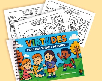 Può includere: Un libro da colorare a spirale intitolato "VIRTUDES PARA COLOREAR Y APRENDER" con illustrazioni di bambini e natura. Il libro è aperto, rivelando pagine con le parole "SABIDURÍA", "PACIENCIA" e "HOSPITALIDAD". La copertina del libro presenta uno sfondo di cielo blu.