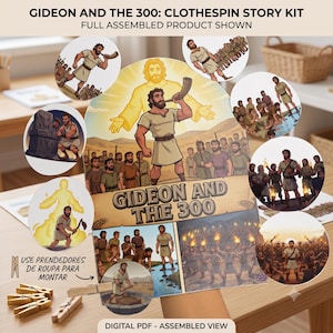 Puede incluir: Un kit de historia con pinzas de ropa de Gideon and the 300 que presenta una ilustración central de Gedeón con un cuerno, rodeada de viñetas circulares con escenas bíblicas, incluyendo figuras con antorchas y pinzas de madera para armar.