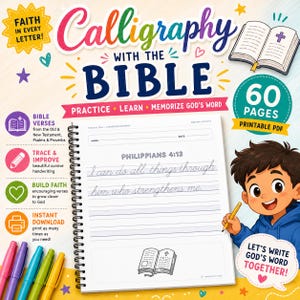 Bible Calligraphy Workbook for Kids | 60 Printable Bible Verse Handwriting Pages | Christian Homeschool | Cursive Writing PDF