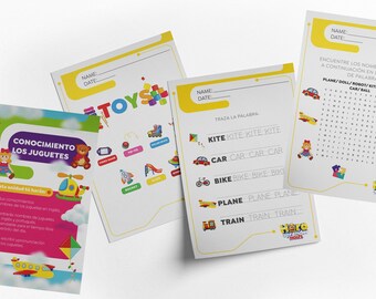May include: Children's educational activity sheets with colourful toy illustrations and learning tasks. The sheets include word tracing, word searches, and matching games. The word "TOYS" is displayed in colourful letters.