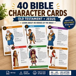 40 Bible Character Cards Printable PDF | Old Testament Bible Study | Bible Biography Cards | Sunday School & Homeschool Resource