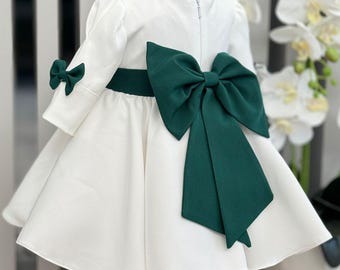 Ivory Baby Dress with Emerald Green Bow, Baby Flower Girl Dress for 3-6-9 Months Baptism, Holidays, or Photoshoots