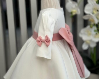 Baby Girl Ivory Dress,Pink Bow Baby Dress for 3-6-9 Months ,Elegant Infant Outfit for Baptism, Holidays, or Photoshoots