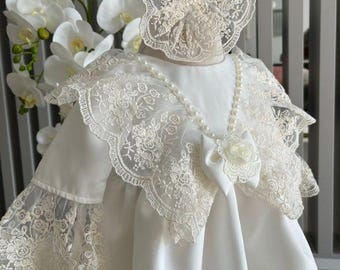 Ivory Baby Girl Baptism Dress – Handmade Lace Christening Gown with Headband