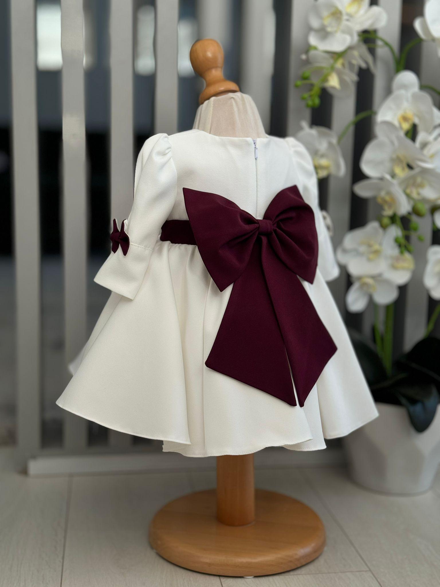 Burgundy Bow baby dress, Personalized Baby Flower Girl Dress, Fancy baby dress,Cute Baby bow dress, Holidays or baby girl photoshoot dress