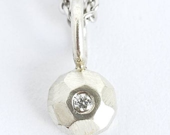 Silver Geo pebble,diamond,pendant,minimalist, unique,handmade, gift for her, with recycled sterling silver