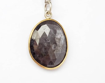 Black/Gray Sapphire pendant , set in 18k gold, Sterling silver, 9 hearts