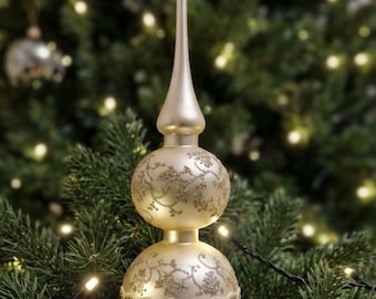 Cream Glass Christmas Tree Topper 13” Double Kugel Glitter Floral Filigree Traditional Holiday Decor
