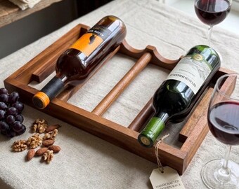 Vintage Mid Century Modern 4-Bottle Wooden Wine Rack Countertop Storage Horizontal 4 Bottle