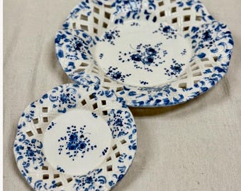 Vintage Italian Le Gro Reticulated Plates Set of 2 Blue & White Hand Painted Floral Lattice Ruffled Bowls Made in Italy Signed